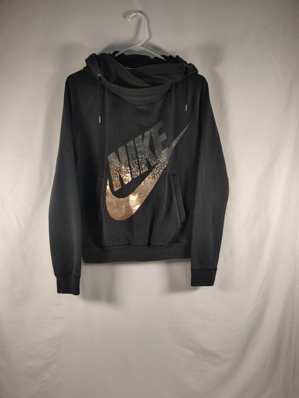 Nike Black Cowl Neck Sweatshirt Hoodie with Metallic Gold Swoosh. Women's Sm